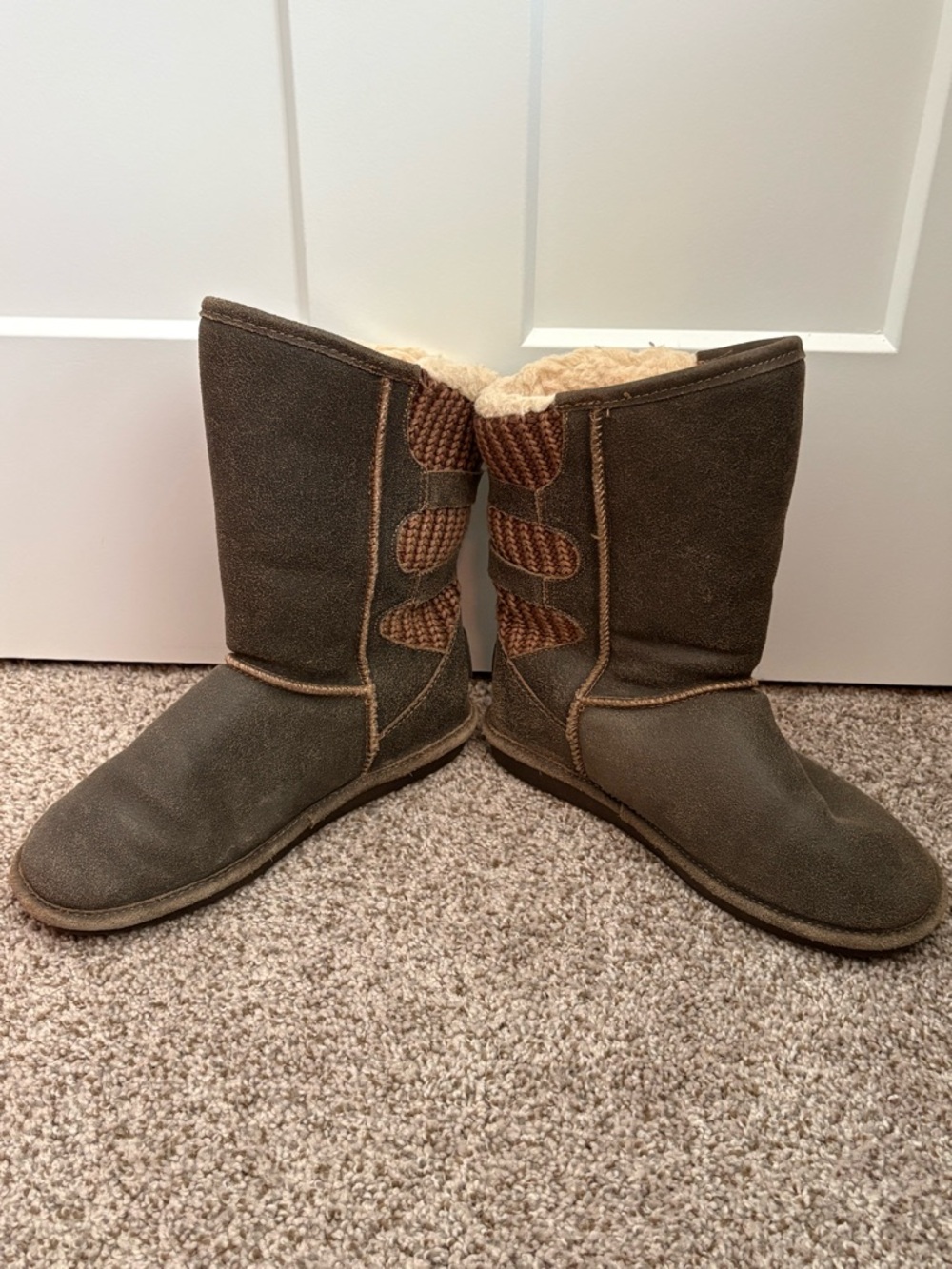 Bearpaw Boshie Women’s Mid-Calf Winter Boots - Brown Suede & Knit, ladies 9
